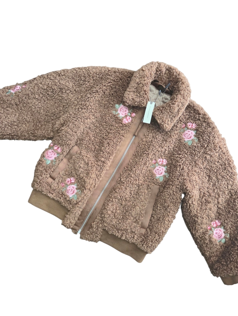 Anthropologie Floral Embroidered Sherpa Bomber Jacket - Picture 2 of 7